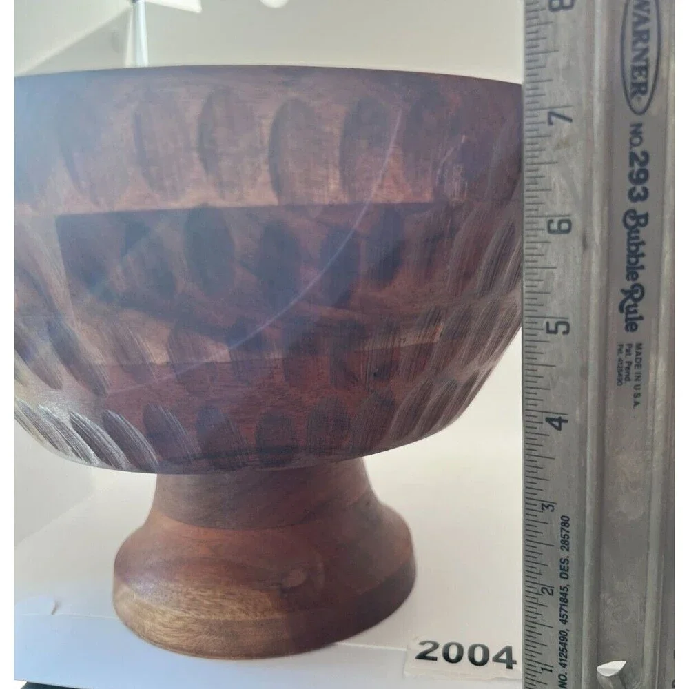 Vintage MCM Hand Carved Wood Pedestal Serving Bowl 11” Primitive Fruit Bowl